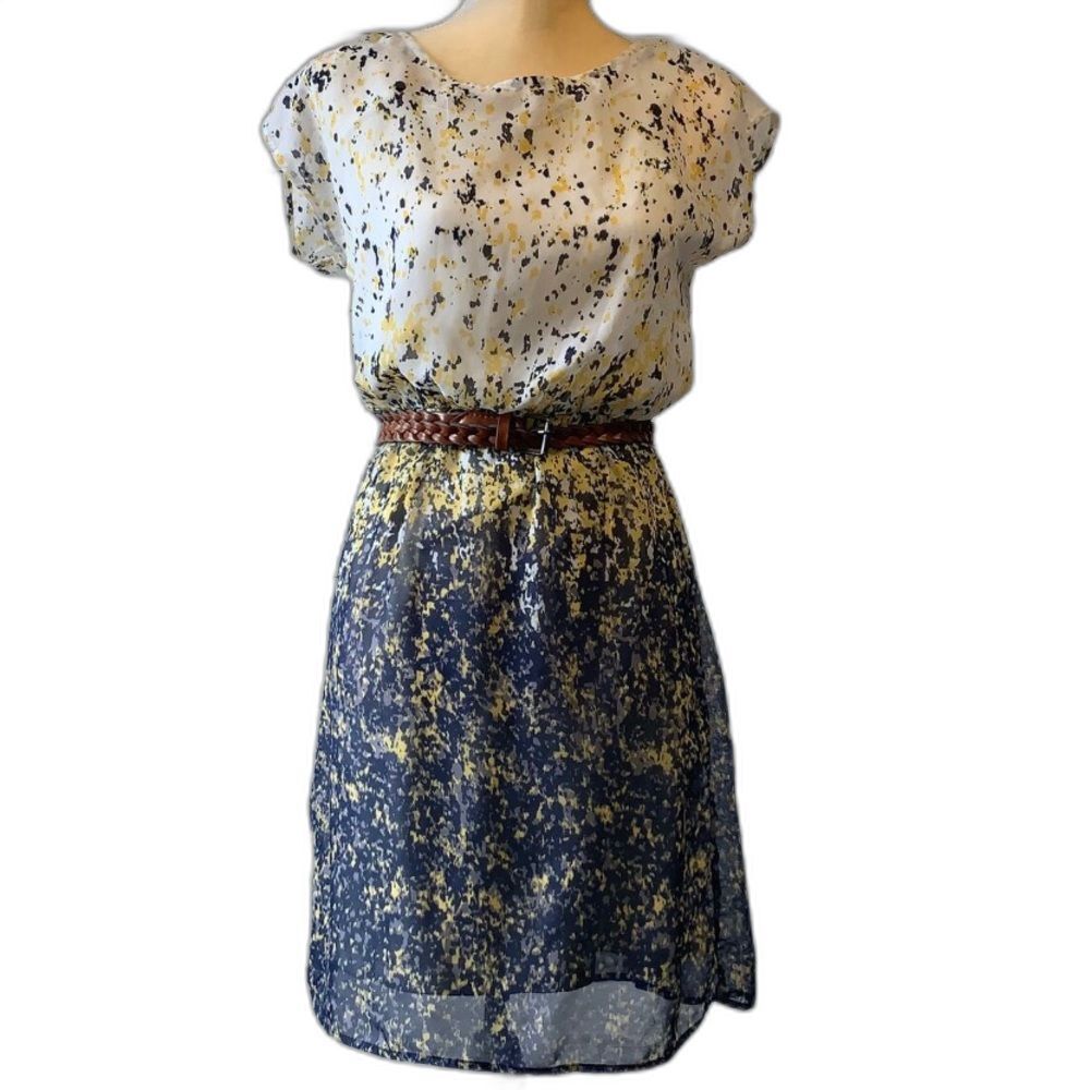 Cato Blue Yellow Splatter Print Dress XS Cap Sleeve Belted Chiffon - Picture 2 of 9